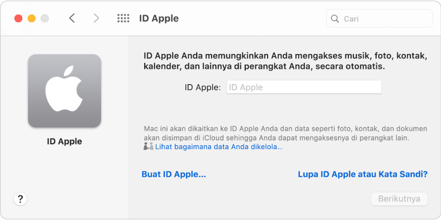 Dialog ID Apple siap untuk entri dari ID Apple. Tautan Buat ID Apple memungkinkan Anda membuat ID Apple baru.