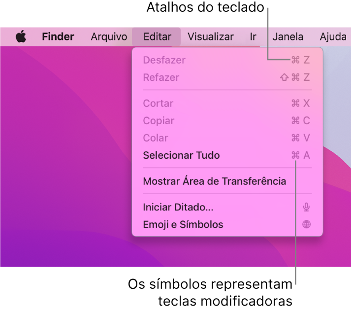 O menu Editar está aberto no Finder; aparecem atalhos de teclado ao lado dos itens do menu.
