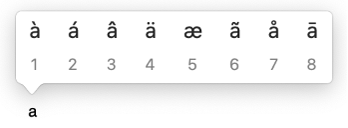 Меню із символами зі знаком наголосу для літери «а» відображає вісім її варіацій.