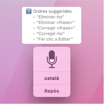 La finestra de resposta del control per veu amb suggeriments d’ordres de text, com ara “Eliminar eso” o “Hacer clic en Editar”, a sobre.