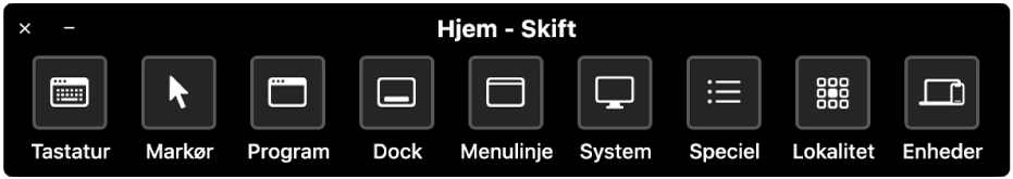 Panelet Hjem til Knapbetjening har knapper til at kontrollere (fra venstre mod højre) tastaturet, markøren, programmer, Dock, menulinjen, betjeningsmuligheder, specielle paneler, skærmlokation og andre enheder