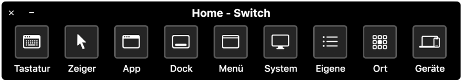 Im Startpanel der Schaltersteuerung sind Tasten (von links nach rechts) vorhanden, mit denen Tastatur, Zeiger, Apps, Dock, Menüleiste, Systemsteuerelemente, eigene Panels, Bildschirmposition und andere Geräte gesteuert werden.