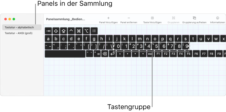 Teil eines Fensters mit einer Panelsammlung, das auf der linken Seite eine Liste mit Tastaturpanels und auf der rechten Seite Tasten und Gruppen zeigt, die in einem Panel enthalten sind.