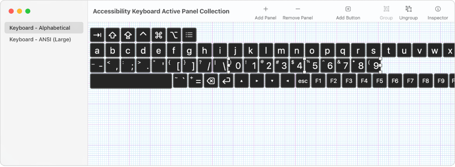 A panel collection window showing a list of keyboard panels on the left and, on the right, buttons and groups contained in a panel.