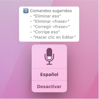 La ventana de retroalimentación de “Control por voz” con comandos de texto sugeridos, tales como “Eliminar eso” o “Hacer clic en Editar”, encima de ella.
