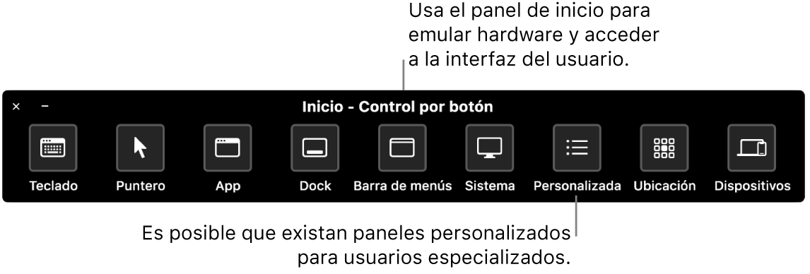 El panel Inicio de Control por botón brinda botones para controlar, de izquierda a derecha, el teclado, el puntero, apps, el Dock, la barra de menús, los controles del sistema, los paneles personalizados, la ubicación de la pantalla y otros dispositivos.