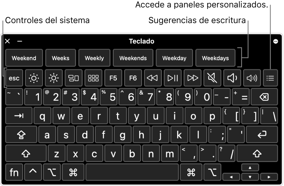 El teclado de accesibilidad con sugerencias de escritura en la parte superior. A continuación se muestra una fila de botones para que los controles del sistema hagan tareas tales como ajustar el brillo de la pantalla y mostrar paneles personalizados.