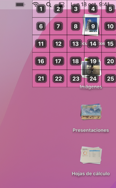 Una cuadrícula usada para entrar en el área de la esquina superior derecha de la pantalla, donde están las pilas del escritorio Documentos e Imágenes. La cuadrícula tiene cinco columnas y cinco filas, y cada celda está numerada del 1 al 25.