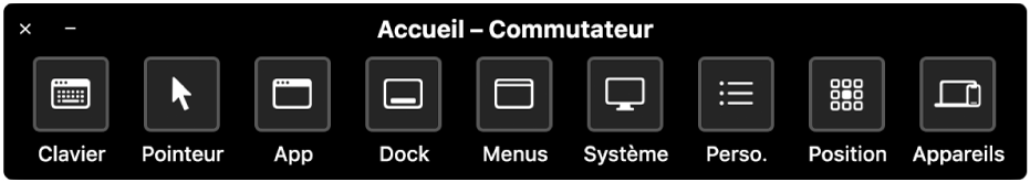Le panneau d’accueil de Contrôle de sélection fournit des boutons permettant de contrôler, de gauche à droite, le clavier, le pointeur, les apps, le Dock, la barre des menus, les commandes système, les sous-fenêtres personnalisées, la position de l’écran ainsi que d’autres appareils.