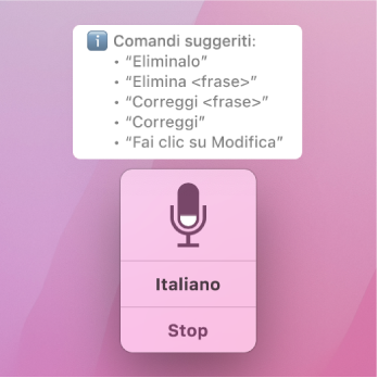 La finestra di feedback di “Controllo vocale” con i comandi di testo suggeriti, come “Elimina elemento” o “Fai clic su Modifica”, mostrati sopra.