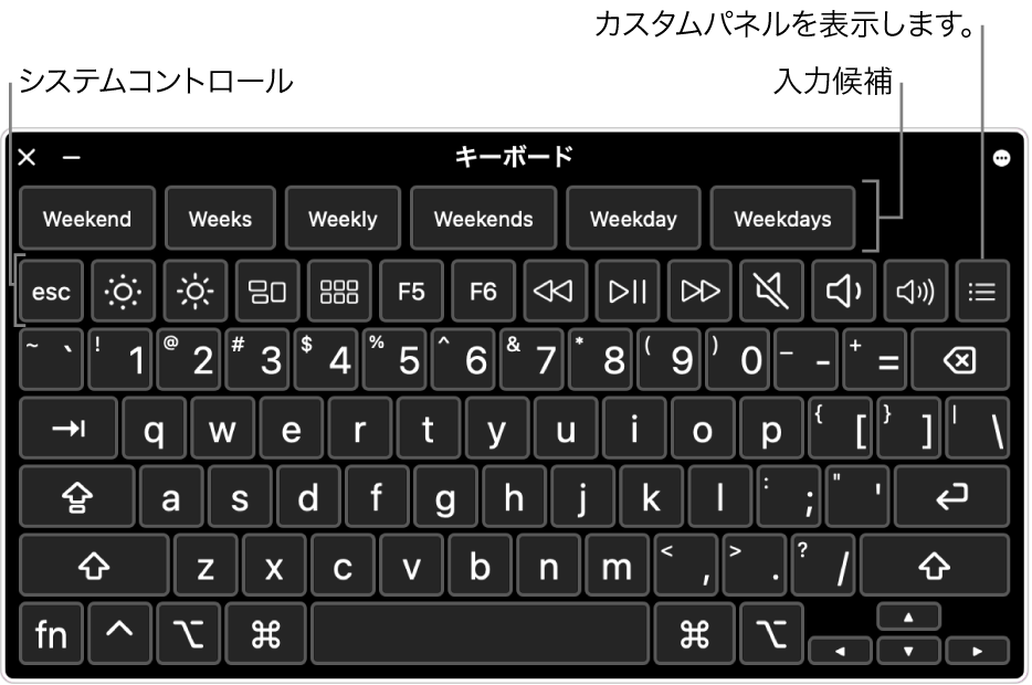 上部に入力候補が表示されているアクセシビリティキーボード。下には、ディスプレイの輝度調整やカスタムパネルの表示などを実行するシステムコントロールのボタンが表示されています。