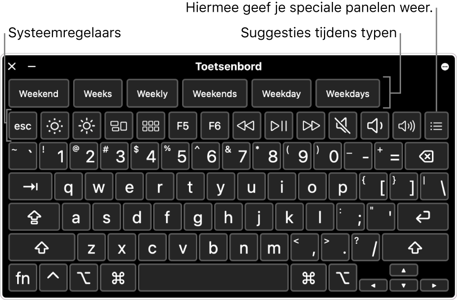 Het toegankelijkheidstoetsenbord met typesuggesties bovenaan. Onderaan staat een rij knoppen voor systeemregelaars waarmee je bijvoorbeeld de helderheid van het scherm kunt aanpassen en aangepaste panelen kunt weergeven.
