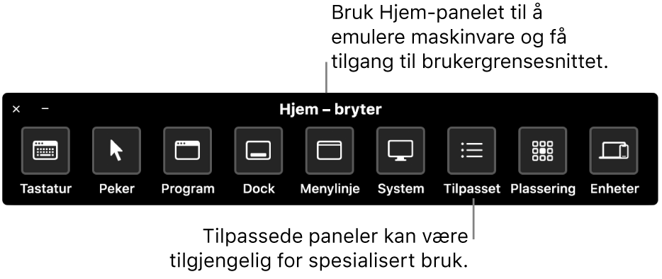 Hjem-panelet for Bryterkontroll inneholder knapper for å styre, fra venstre til høyre, tastatur, peker, app, Dock, menylinje, systemkontroller, tilpassede paneler, skjermplassering og andre enheter.