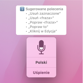 Okno reakcji funkcji Sterowanie głosowe. Obok niego widoczne są sugerowane polecenia dotyczące tekstu, takie jak Usuń to lub Kliknij Edycja.