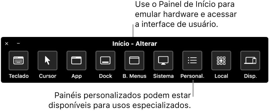 O Painel de Início do Controle Assistivo fornece botões para controlar, da esquerda para a direita, teclado, cursor, app, Dock, barra de menus, controles do sistema, painéis personalizados, localização na tela e outros dispositivos.