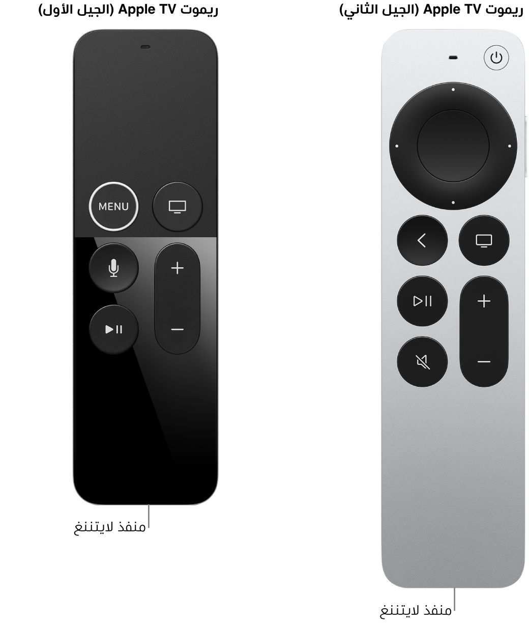 صورة Apple TV Remote (الجيل الثاني) و Apple TV Remote (الجيل الأول) تعرض منفذ لايتننغ