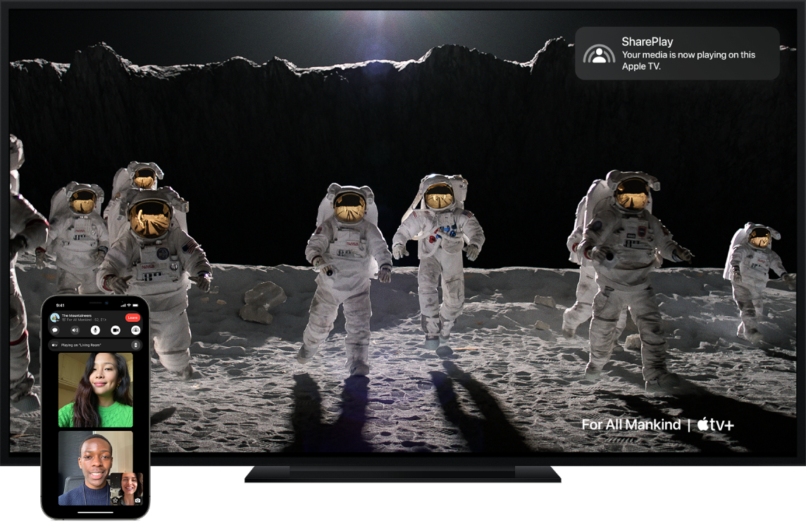 Ukážka funkcie SharePlay na iPhone a Apple TV.