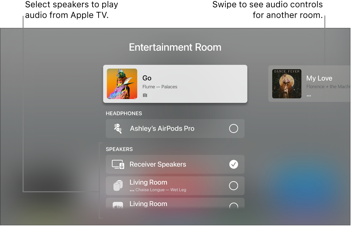 Apple TV screen showing Control Centre audio controls