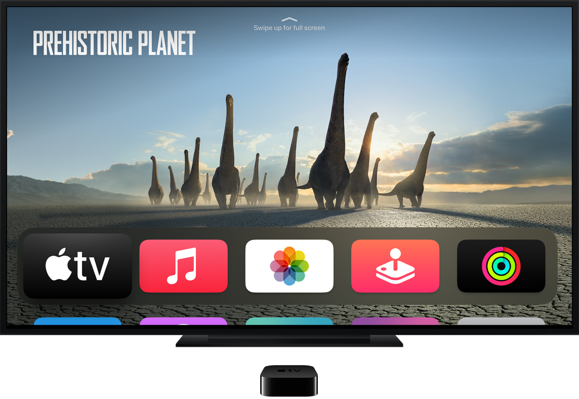 Apple TV conectado a una televisión mostrando la pantalla de inicio