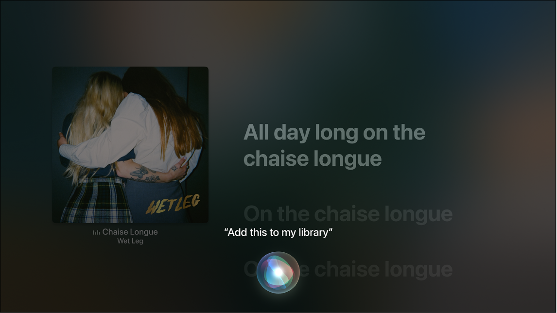 Ejemplo que muestra cómo usar Siri para agregar un álbum a la biblioteca desde la pantalla Ahora suena