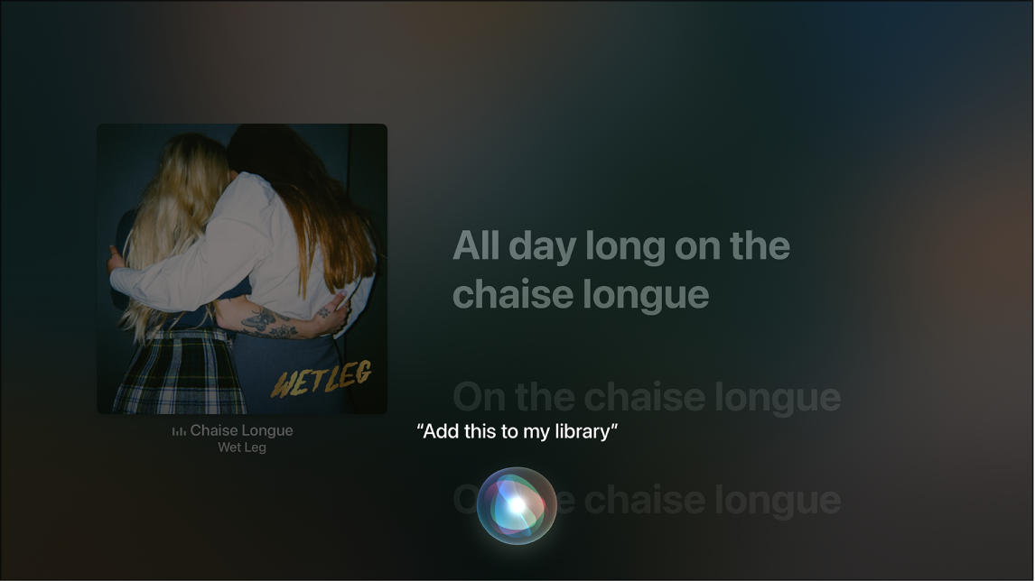 Exemple montrant comment utiliser Siri pour ajouter un album à Ma bibliothèque à partir de l’écran À l’écoute