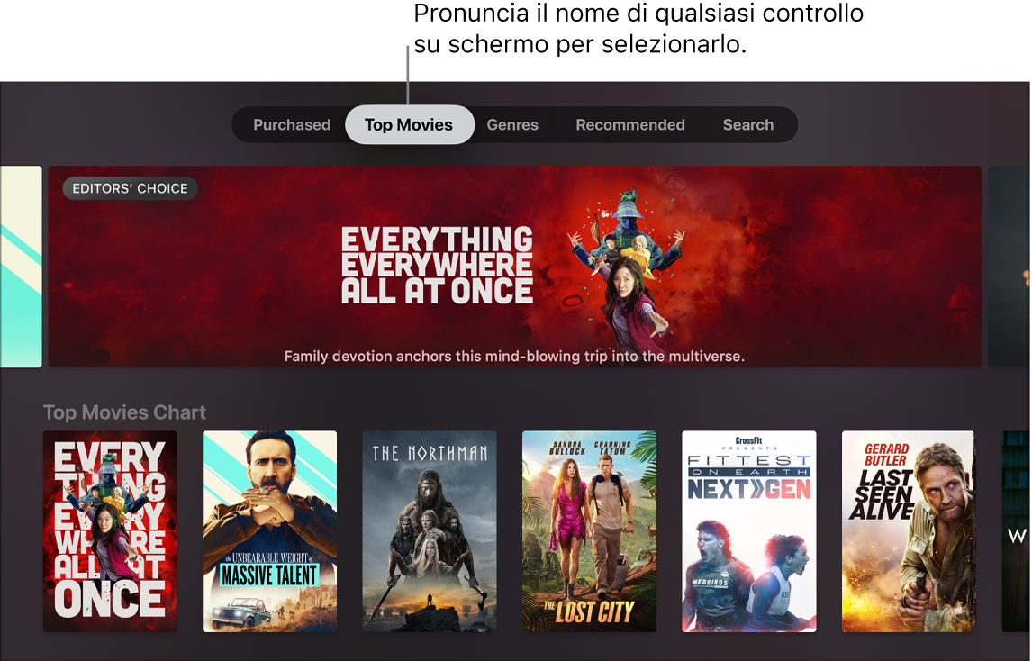 iTunes Movie Store mostra le richieste del menu che possono essere pronunciate