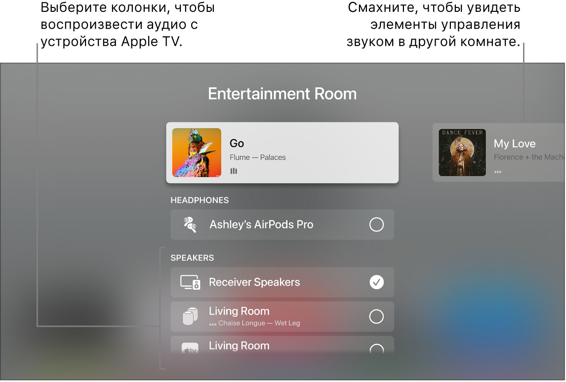 Экран Apple TV с Пунктом управления, раздел «Аудио»