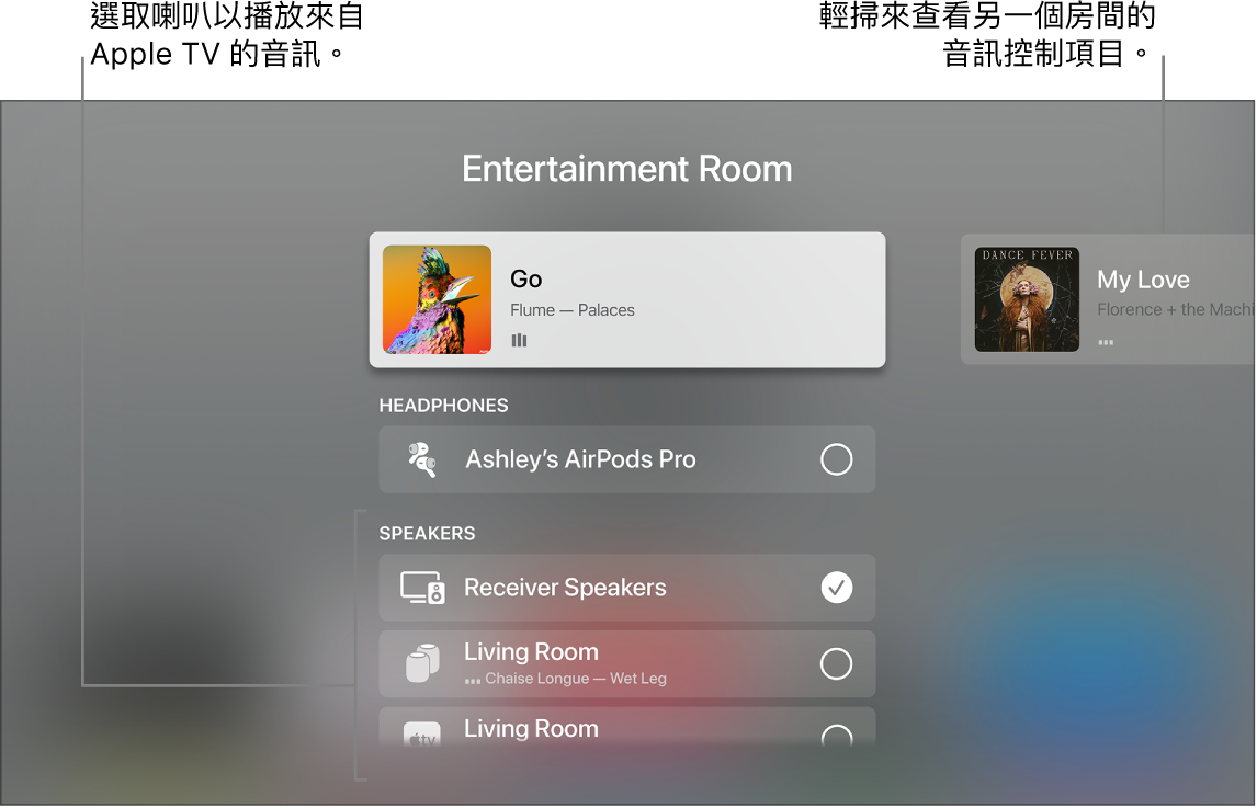 Apple TV 畫面顯示「控制中心」音訊控制項目