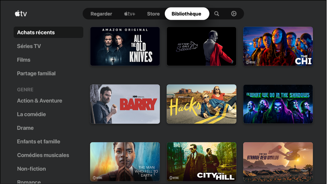 Écran montrant la bibliothèque