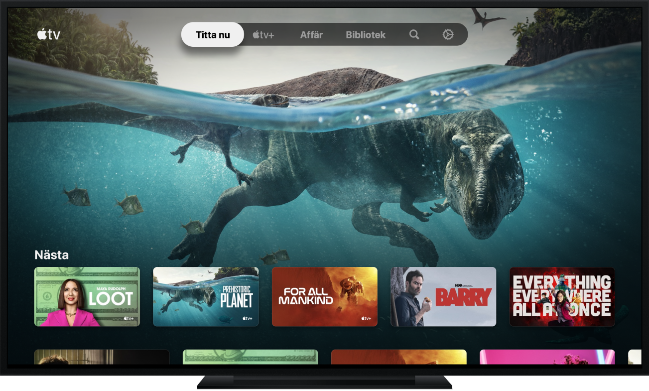 Apple TV-appen som den visas på en TV-skärm.