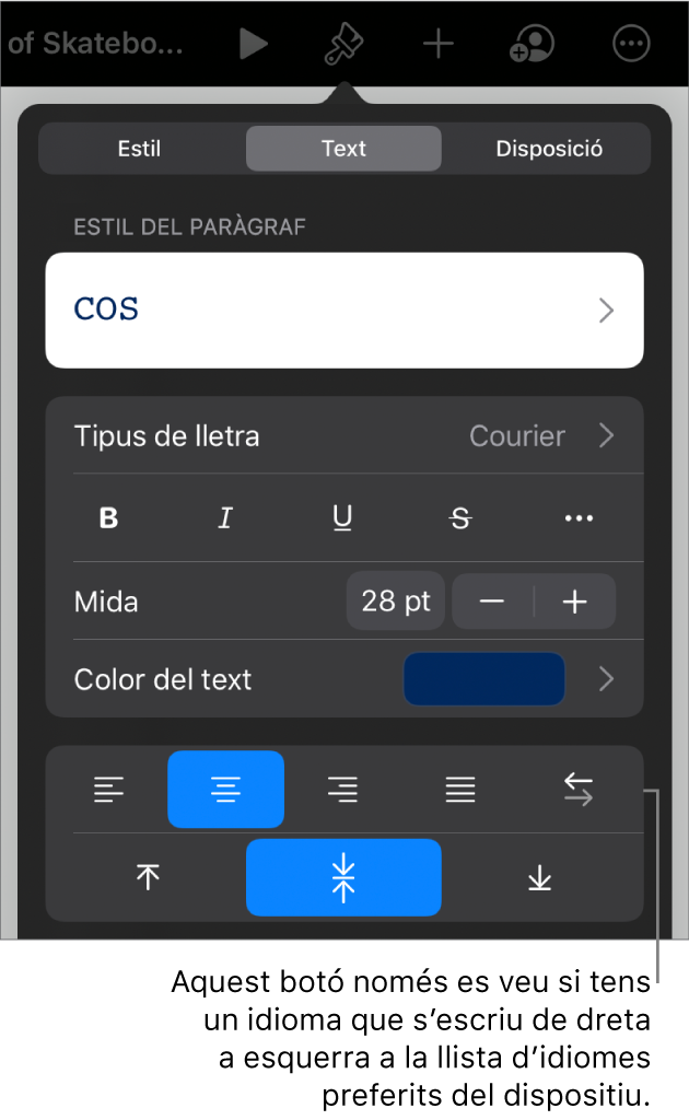 Controls de text del menú Format, amb una llegenda per al botó “D’esquerra a dreta”.