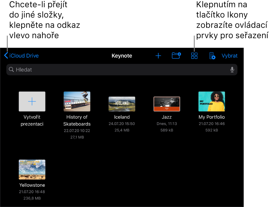 Správce prezentací v zobrazení procházení s odkazem na umístění v levém horním rohu a polem hledání pod ním. V pravém horním rohu je vidět tlačítko Přidat prezentaci, tlačítko Nová složka, místní nabídku umožňující zobrazení seznamu nebo ikon a také filtrování podle názvu, data, velikosti, typu a značky, dále tlačítko Osnova; tlačítko Ovladač a také tlačítko Vybrat. Pod těmito prvky jsou miniatury existujících prezentací.