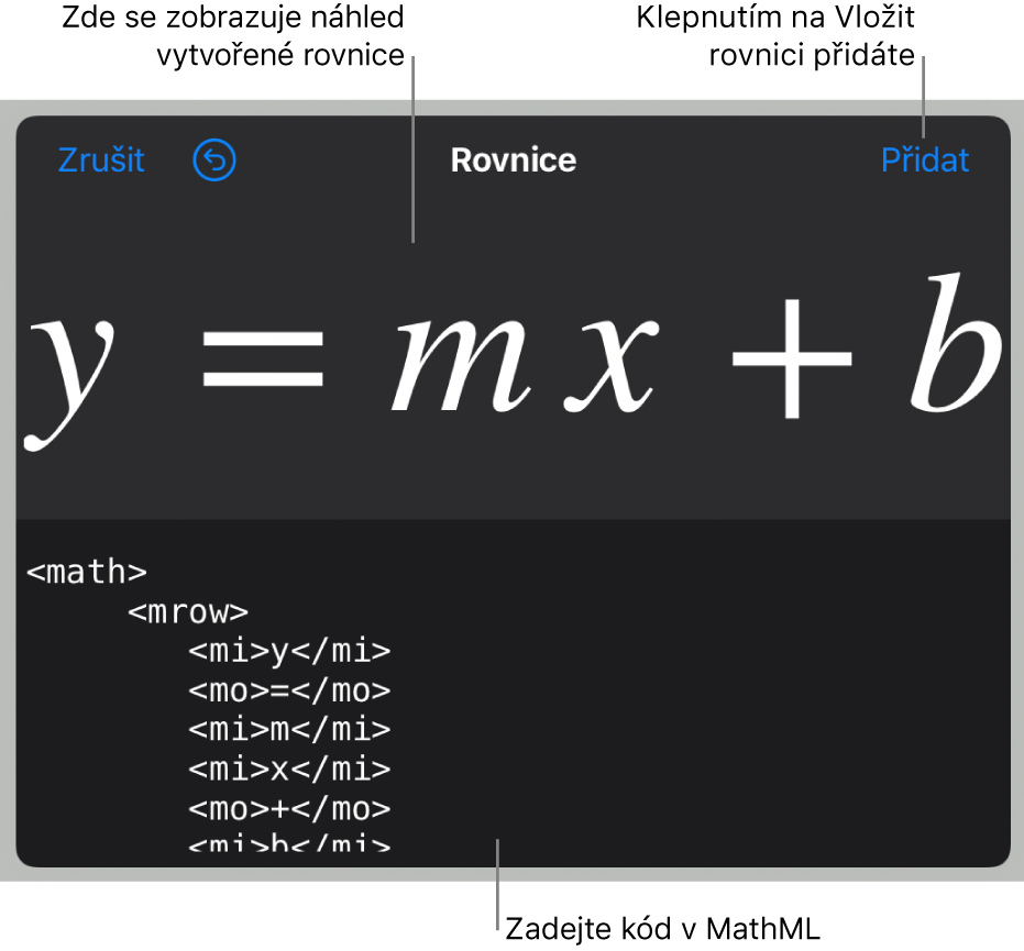 Rovnice směrnice přímky zapsaná v kódu MathML a nad ní náhled výsledného vzorce