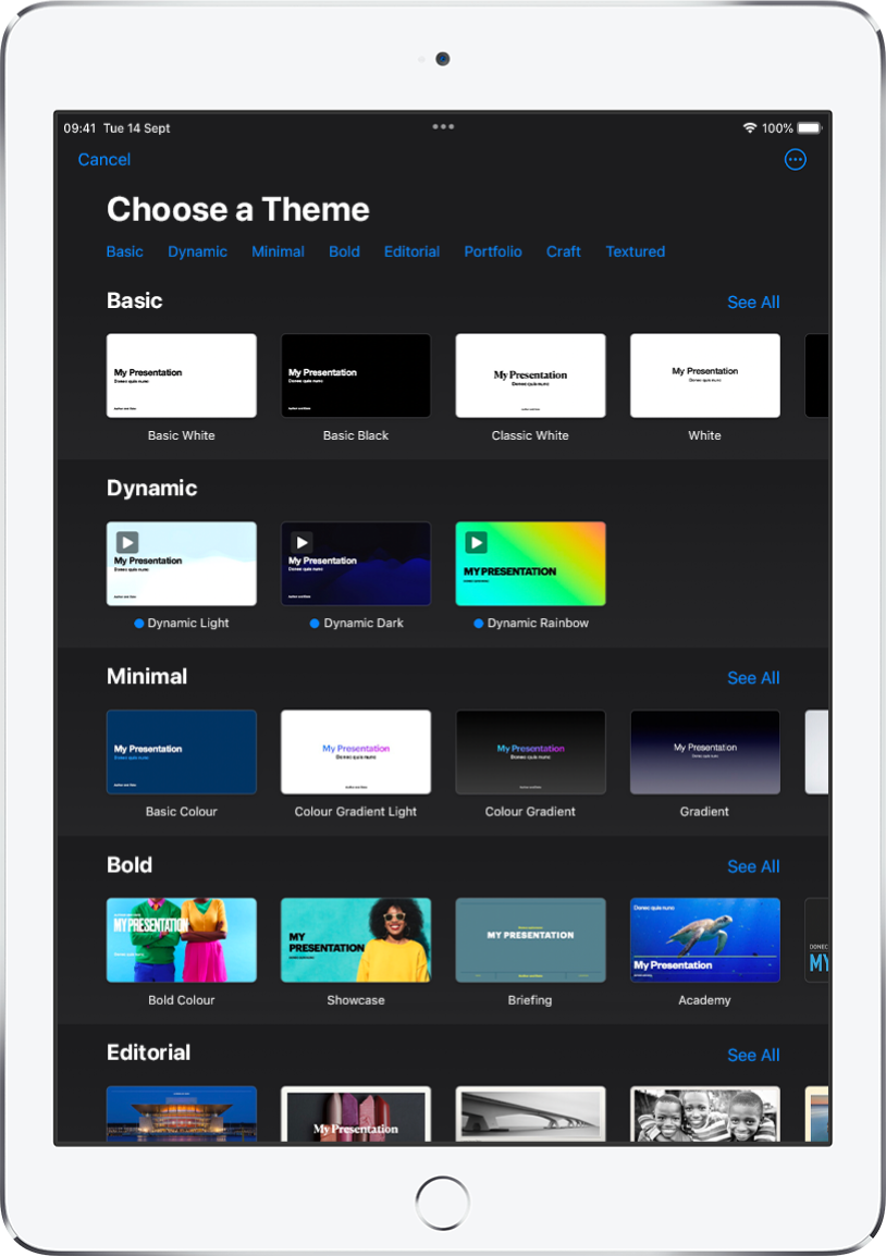 The theme chooser, showing a row of categories across the top that you can tap to filter the options. The More button is in the top-right corner, where you can set Standard or Wide format and set formatting for a specific language or region. Below are thumbnails of pre-designed themes arranged in rows by category. A See All button appears above and to the right of each category row.