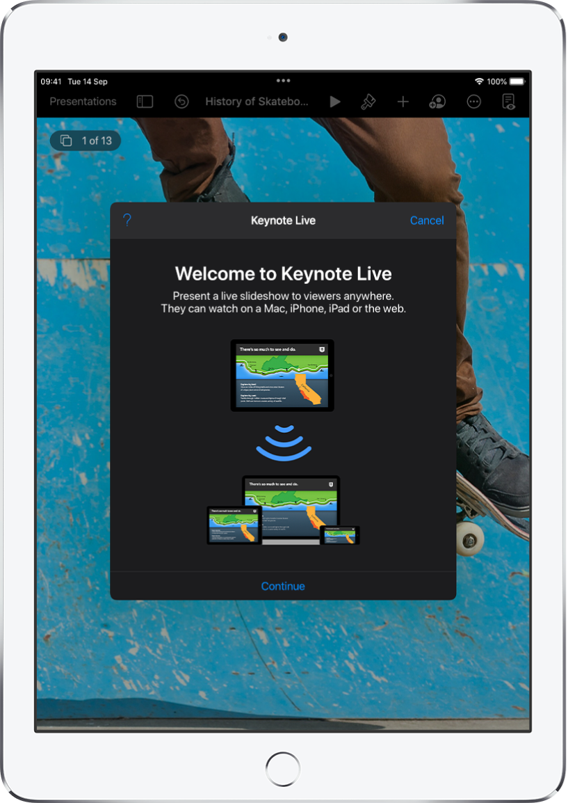 A window introducing Keynote Live with the Continue button at the bottom.