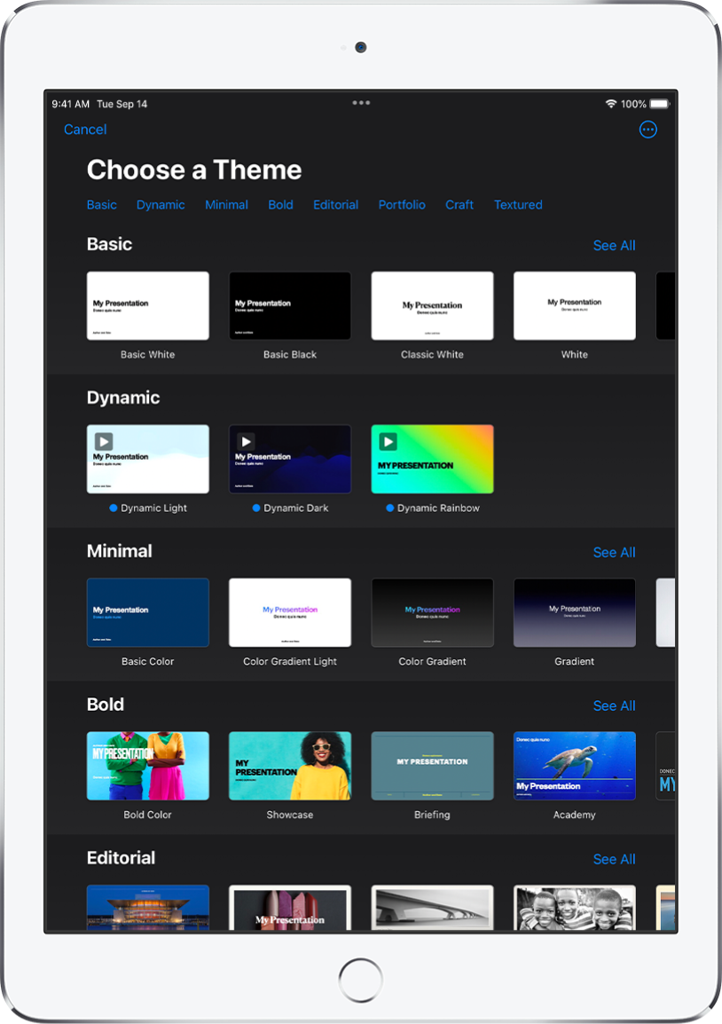 The theme chooser, showing a row of categories across the top that you can tap to filter the options. The More button is in the top-right corner, where you can set Standard or Wide format and set formatting for a specific language or region. Below are thumbnails of predesigned themes arranged in rows by category. A See All button appears above and to the right of each category row.