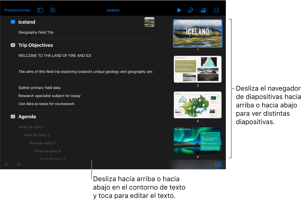 La vista de esquema con un esquema de texto de una presentación en el lado izquierdo de la pantalla y el navegador de diapositivas vertical en el lado derecho.