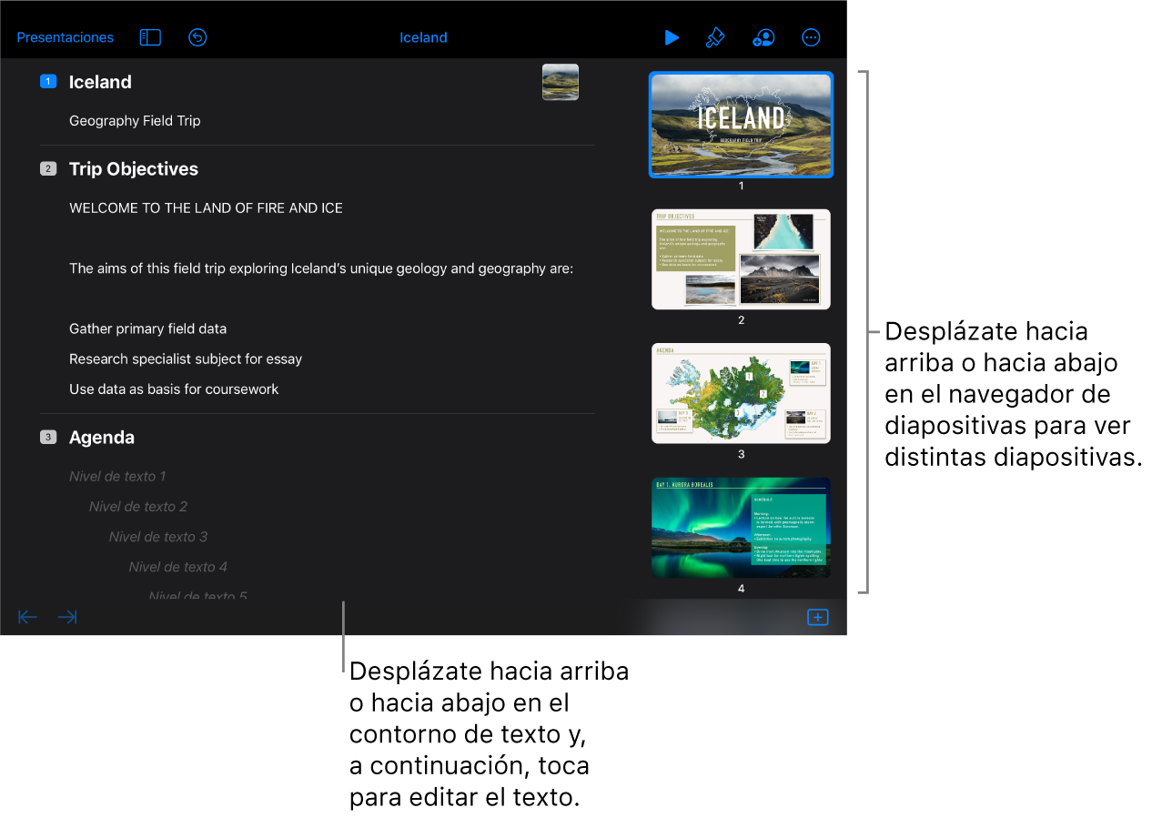 La vista de esquema con un esquema de texto de una presentación en la parte izquierda de la pantalla, y el navegador de diapositivas vertical en la parte derecha.