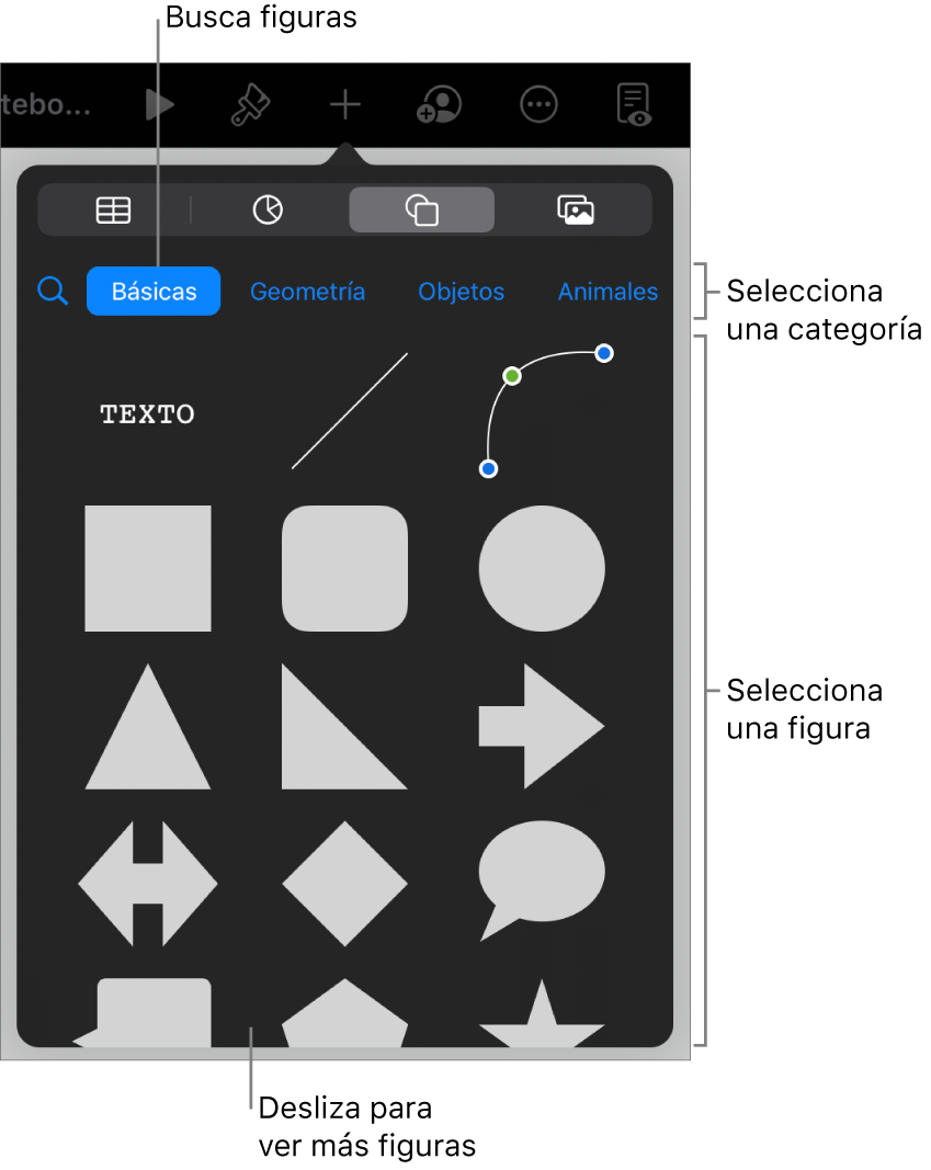 La biblioteca de figuras, con las categorías en la parte superior y las figuras mostradas abajo. Puede usar el campo de búsqueda de la parte superior para buscar figuras o deslizar para ver más.