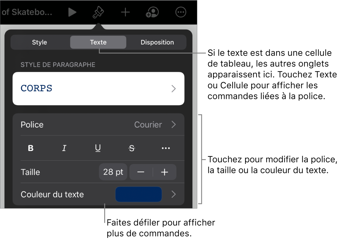 Commandes de texte du menu de format permettant de définir les styles, la police, la taille et la couleur des paragraphes et des caractères.