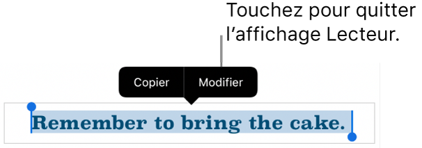 Une phrase est sélectionnée et au-dessus de celle-ci se trouve un menu contextuel avec les boutons Copier et Modifier.