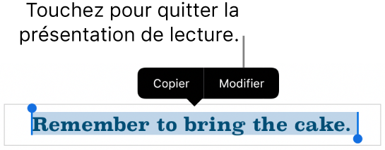 Une phrase est sélectionnée. Au-dessus de celle-ci s’affiche un menu contextuel avec les boutons Copier et Modifier.