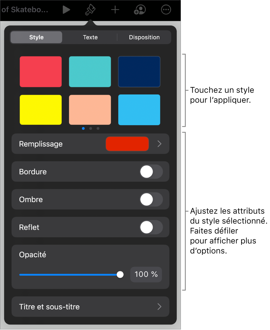 L’onglet Style du menu Format avec les styles d’objet en haut et des commandes au-dessous pour modifier la bordure, l’ombre, le reflet et l’opacité.