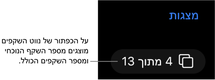 כפתור נווט השקפים המציג 4 מתוך 13, ממוקם מתחת לכפתור ״מצגות״ בסמוך לפינה השמאלית העליונה של הקנבס של השקף.