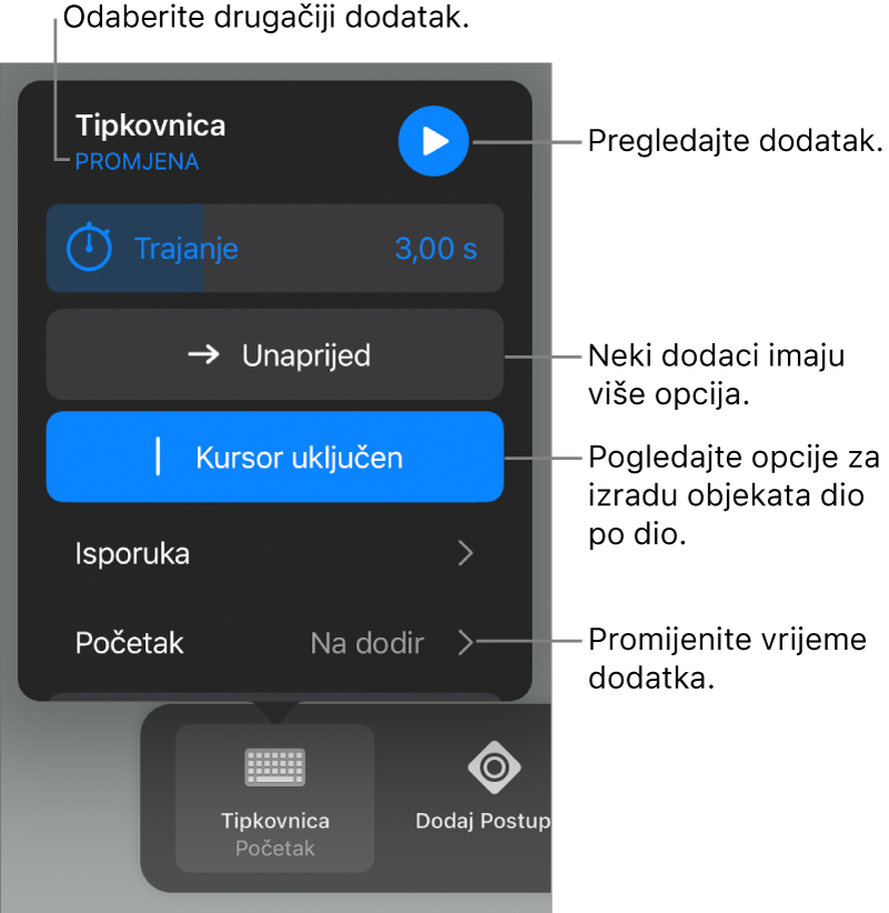 Opcije izdanja uključuju podešavanje vremena za Trajanje, Isporuku i Početak. Dodirnite Promijeni za odabir drugog izdanja, ili dodirnite Pretpregled za pregled izdanja.
