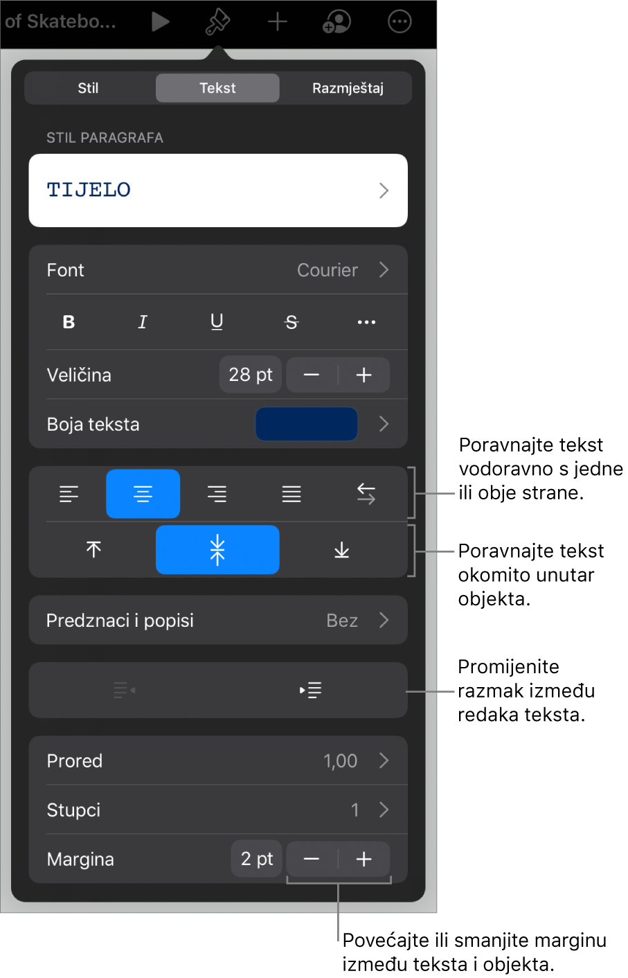 Prozor Raspored s balončićima za tipke za poravnanje teksta i razmak.