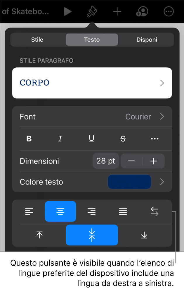 Controlli del testo nel menu Formato con una didascalia per il pulsante “Da sinistra a destra”.