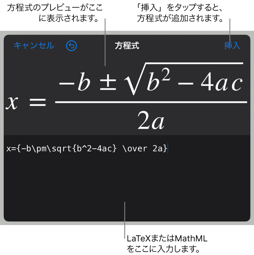「方程式」ダイアログ。LaTeXコマンドを使用して書き込まれた二次方程式の解の公式が表示され、その上に公式のプレビューが表示されています。