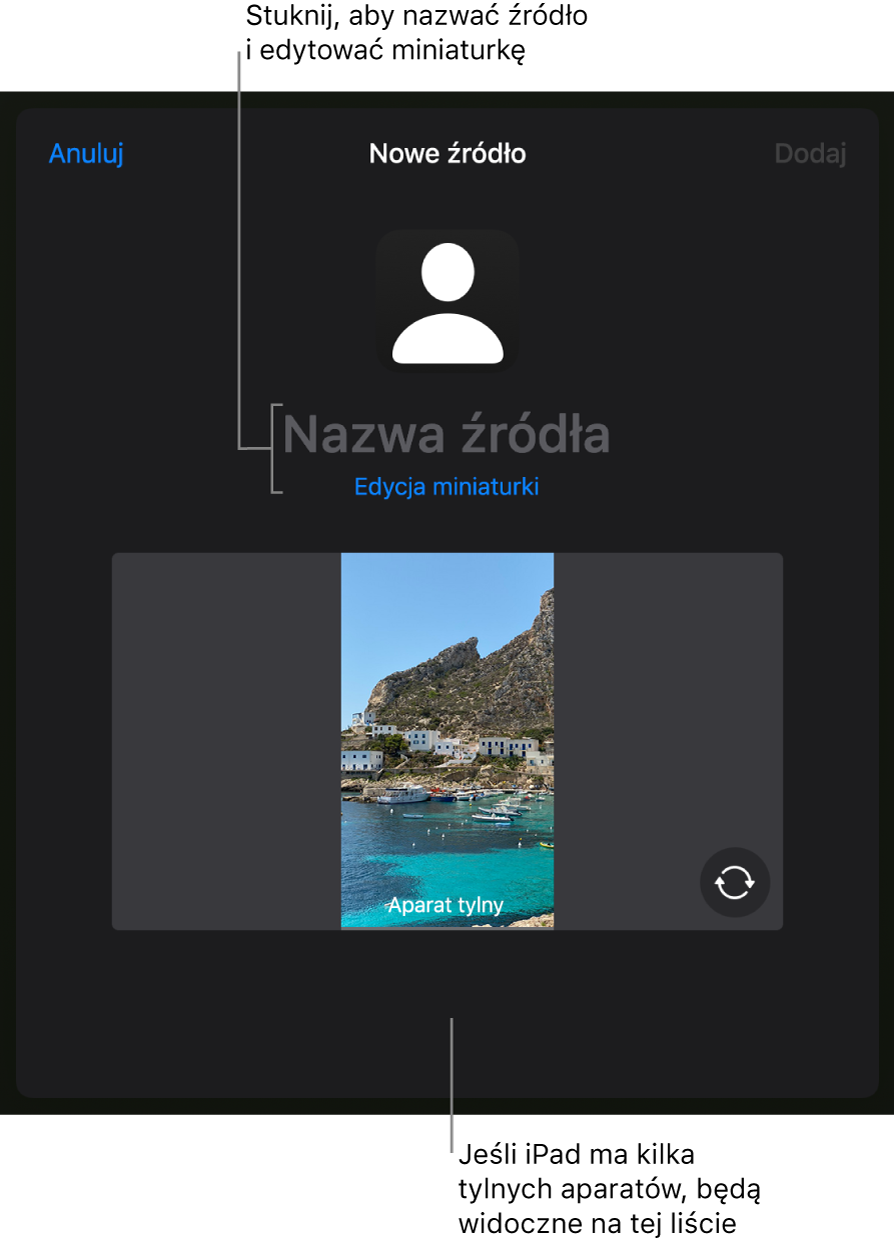Okno Nowe źródło z narzędziami zmiany nazwy źródła oraz miniaturki nad podglądem na żywo z aparatu. Jeśli iPad zawiera kilka tylnych aparatów, przycisk do zaznaczania ich pojawi się na dole ekranu.