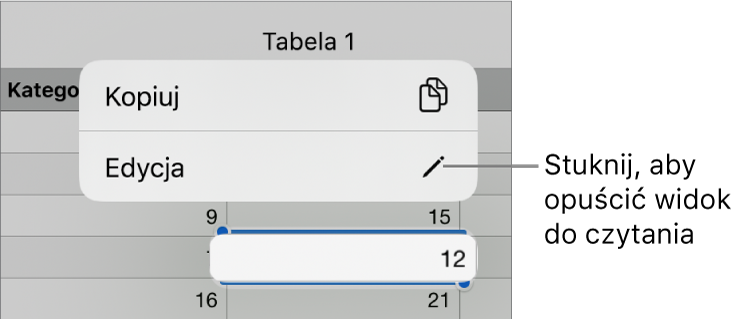 Zaznaczona komórka tabeli z widocznym powyżej menu kontekstowym zawierającym przyciski Kopiuj oraz Edycja.